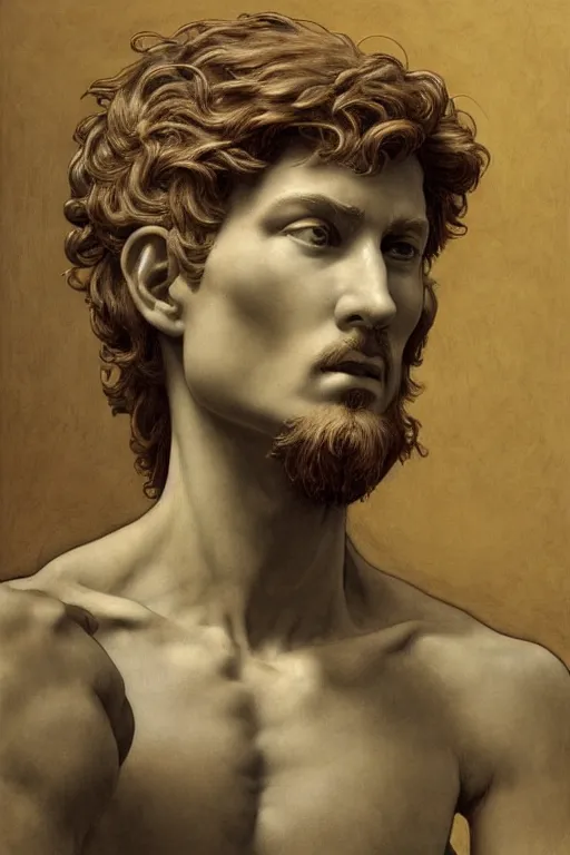 Image similar to Michelangelo\'s David, highly detailed, digital painting, artstation, concept art, smooth, sharp focus, illustration, ArtStation, art by artgerm and greg rutkowski and alphonse mucha and J. C. Leyendecker and Edmund Blair Leighton and Katsuhiro Otomo and Geof Darrow and Phil hale and Ashley wood and Ilya repin and Charlie Bowater