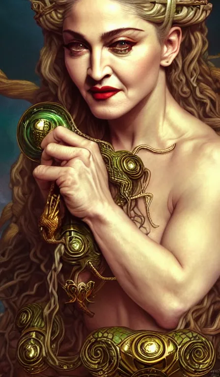 Prompt: Madonna, the singer, as Medusa snakehair closeup, D&D, fantasy, intricate, elegant, highly detailed, digital painting, artstation, concept art, matte, sharp focus, illustration, hearthstone, art by Artgerm and Greg Rutkowski and Alphonse Mucha tarotcard