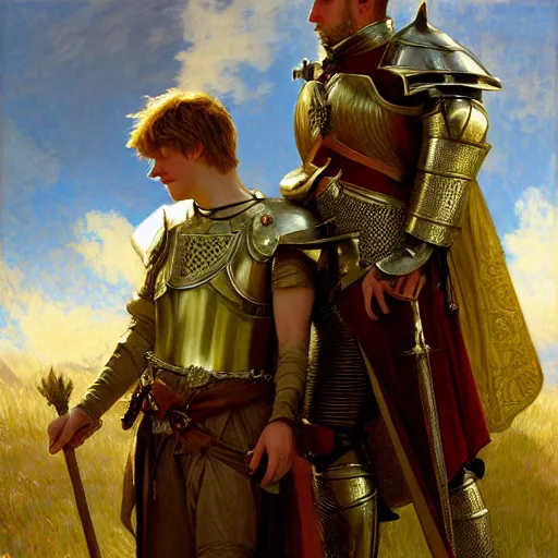 Image similar to attractive arthur pendragon and his attractive male knight, they are in love, natural lighting, path traced, highly detailed, high quality, digital painting, by gaston bussiere, craig mullins, alphonse mucha j. c. leyendecker