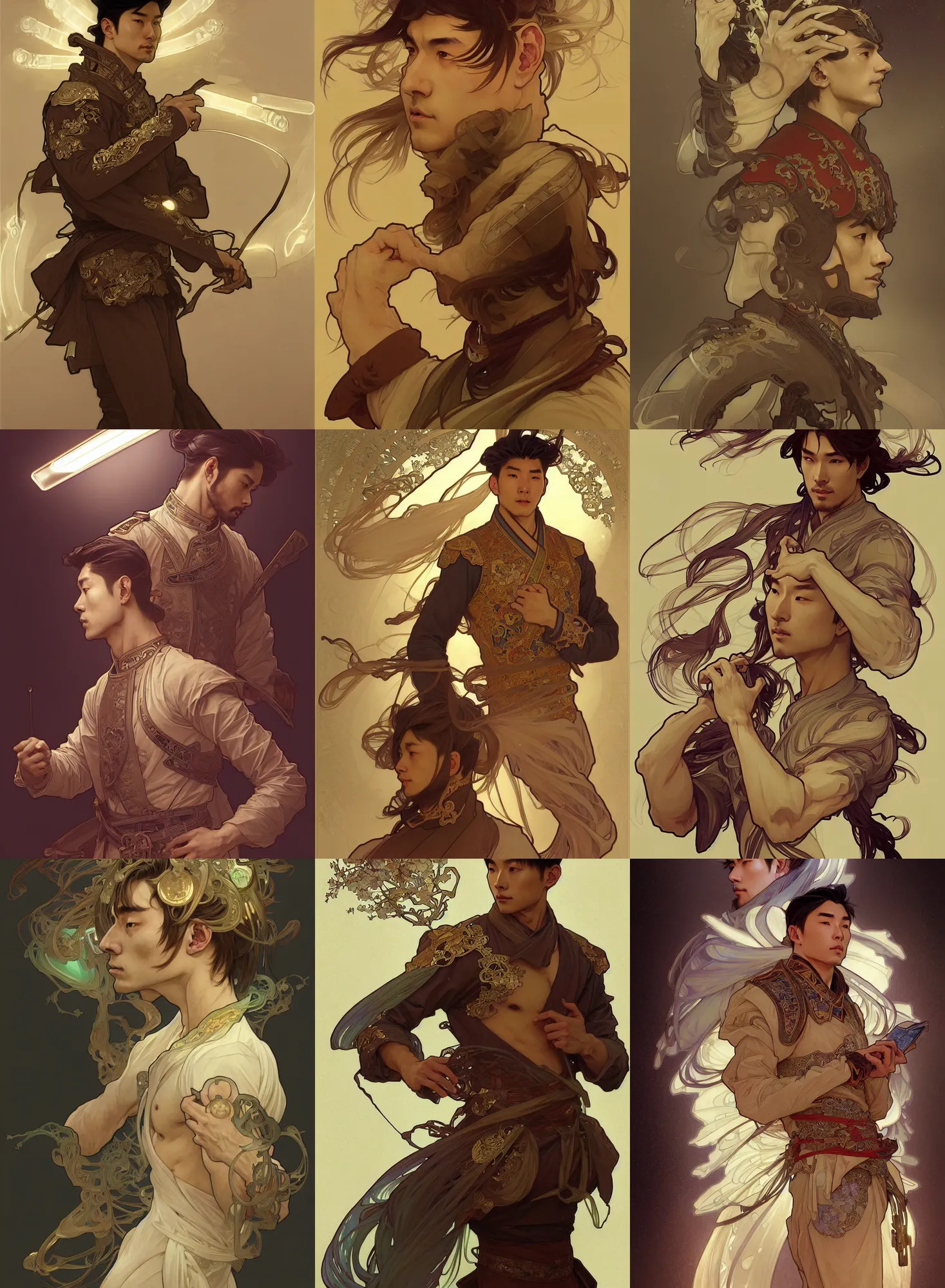 Image similar to a digital concept ar by artgerm and greg rutkowski and alphonse mucha. clear portrait of a lonely attractive men in uniform of tang dynasty!! tang dynasty book, light effect. hyper detailed, character concept, full body!! dynamic pose, glowing lights!! intricate, elegant, highly detailed, digital painting, artstation, concept art, smooth, sharp focus, illustration