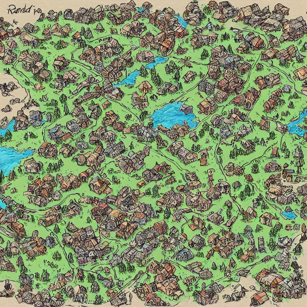 Image similar to bandit camp map, art by allixander maps, acrylic drawing, fantasy, world, bright, clear, simple, sharpened