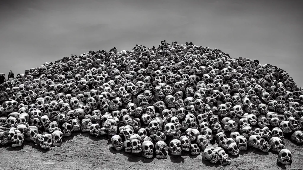 Prompt: a big pile of human skulls in a wasteland with vultures