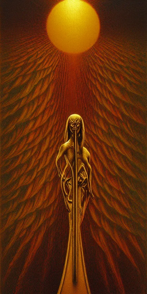 Image similar to a warhammer in the style of zdzisław beksinski, elegant, wood and gold, sun rays, angelic