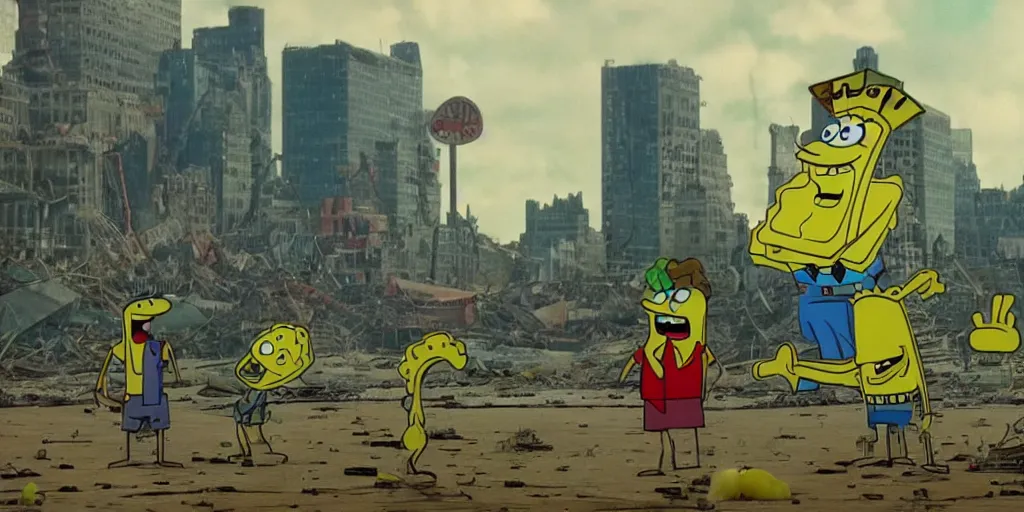 Image similar to film frame of spongebob and scooby - doo watching a destroyed new york in the distance. phatos, sad, dramatic style 4 k quality rule of thirds spongebob and scooby - doo detail cinematic color grading by christopher nolan. portrait photography. close shot