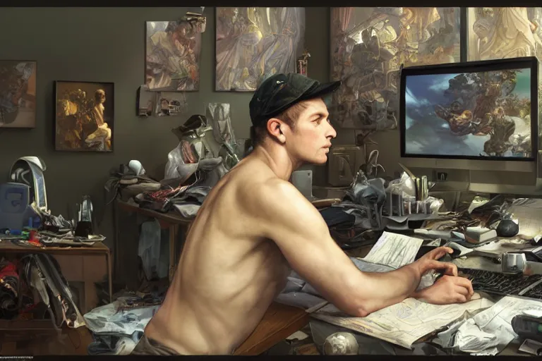 Prompt: a computer graphics artist man with a ballcap in a messy room at the computer animating, ultra realistic, concept art, intricate details, serious, highly detailed, photorealistic, octane render, 8 k, unreal engine. art by artgerm and greg rutk owski and alphonse mucha