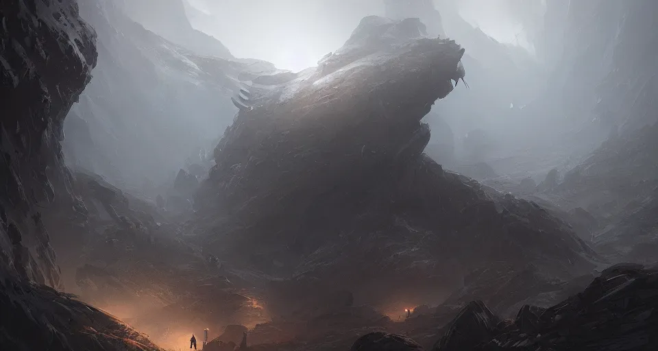 Image similar to a giant shapeless eldritch horror crawling across a misty mountainous landscape, dramatic lighting, illustration by greg rutkowski, yoji shinkawa, 4 k, digital art, concept art, trending on artstation