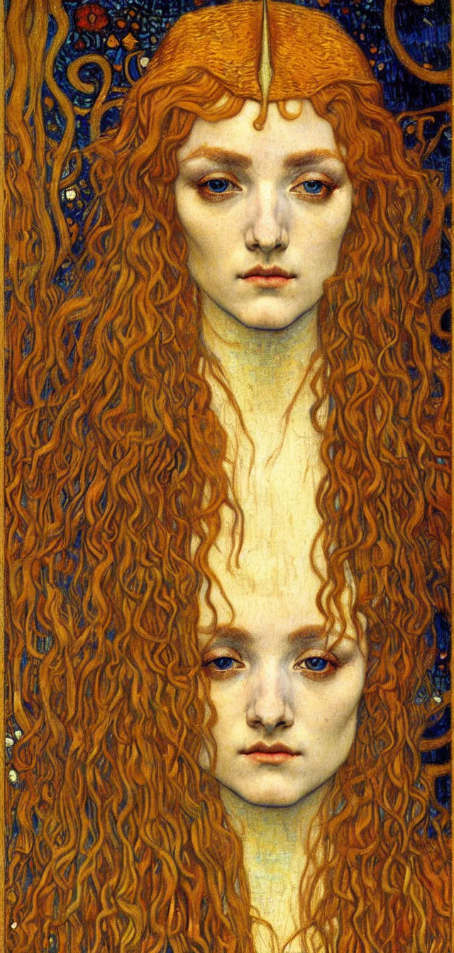 Image similar to detailed realistic beautiful young medieval queen face portrait by jean delville, gustav klimt and vincent van gogh, art nouveau, symbolist, visionary, gothic, pre - raphaelite, muted earthy colors, desaturated