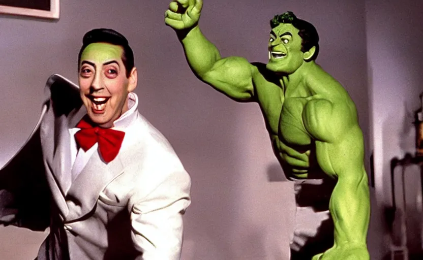 Image similar to peewee herman as the hulk, cinematic movie still