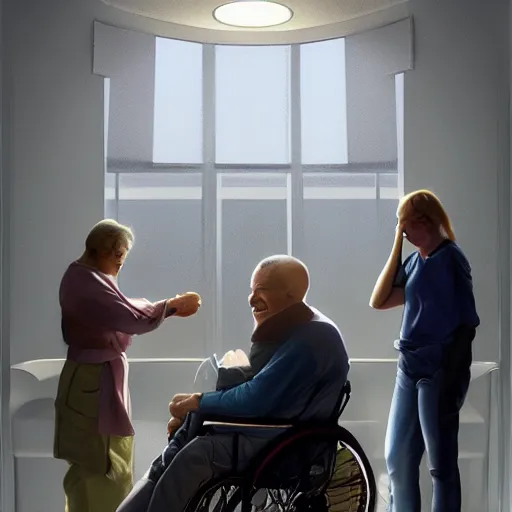 Prompt: a male patient in a wheelchair in the hospital with his wife and son standing by. happy, cheerful, smiling, intricate, sharp focus, artstation, cinematic lighting, 8 k, art by greg rutkowski