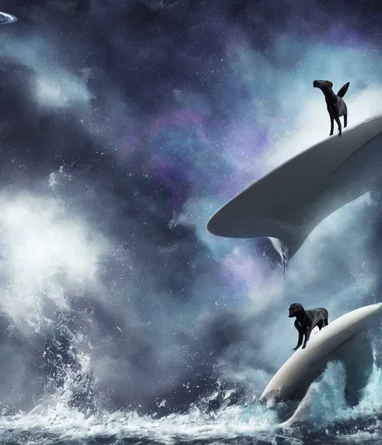 Image similar to photo of a dark gray coat pit bull with a white paws and a white nose!, surfing on a surfboard in a crashing wave of alien galaxy, trending on art station, ocean in space, background is an alien galaxy, aliens in the background, alien colors, octane render, unreal engine, wide view, 8 k, highly detailed