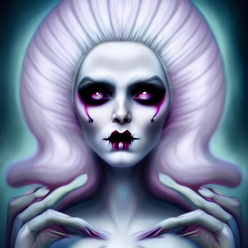 Image similar to goddess of death in a cemetary, white hair, bright, cool colors, digital painting, realism, extreme detail, trending on artstation, by natalie shau