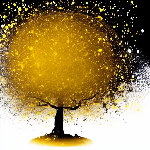 Prompt: white and gold powder splash smoke made of perfect circle with a tree inside, light background, 3d, texture