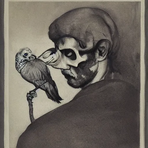Image similar to A beautiful experimental art of a man, with an animal skull for a head, and a large bird perched on his shoulder. The man is looking up at the bird with a fierce expression, and the bird is looking back at him with what seems to be an equally intense gaze. by Jessie Willcox Smith, by Edward Weston atmospheric