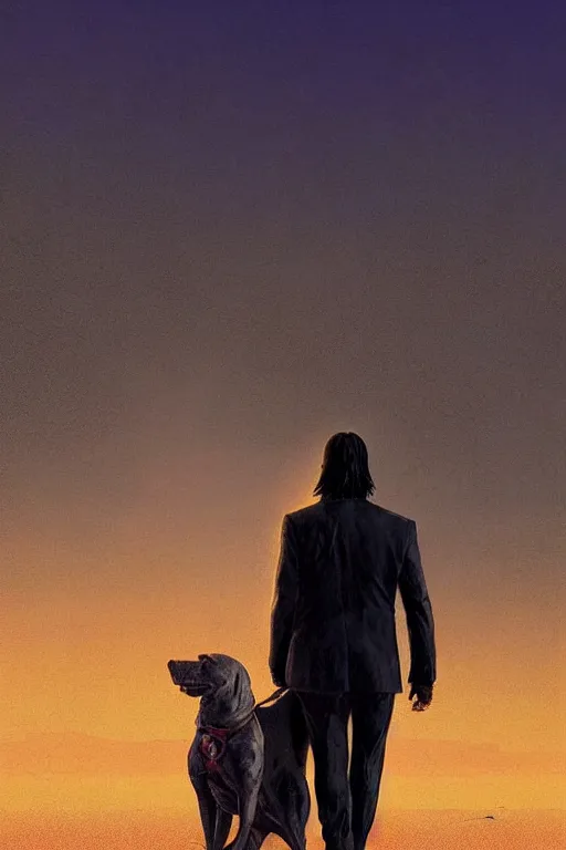 Prompt: keanu reeves as john wick sits in the sand at a beach with his grey pitbull and look into the sunset, feeling of sadness, detailed digital matte painting in the style of simon stalenhag and bev dolittle zdzisław beksinski, greg hildebrandt artstation, psychedelic