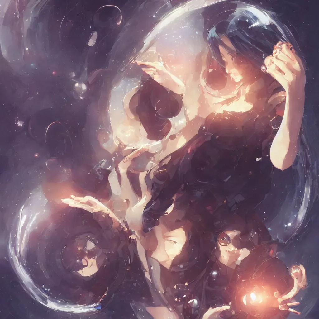 Image similar to a beautiful female scientist holding a small black hole in her hands, anime art, symmetrical facial features, symmetrical proportions, illustration, style by jordan grimmer and greg rutkowski