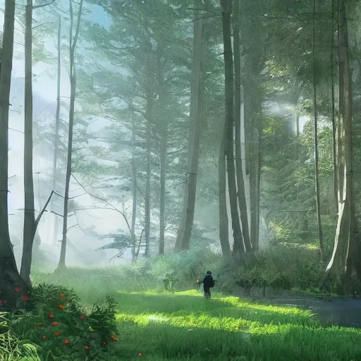 Image similar to An incredibly diverse forest, the light shoots through the trees from the sun, a walking path through the side, in the style of Hayao Miyazaki