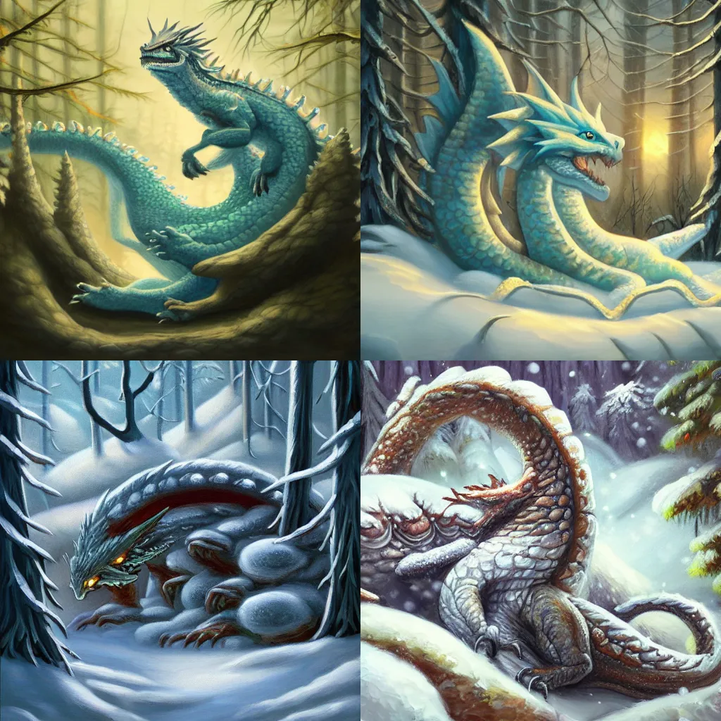 Prompt: oil painting of a baby snow dragon sleeping in a winter forest, D&D fantasy style, trending on Artstation