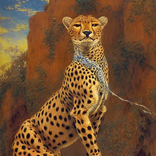 Image similar to highly detailed portrait of an humanoid robotic cheetah mecha, painting by gaston bussiere, craig mullins, j. c. leyendecker, lights, art by ernst haeckel, john william godward, hammershøi,