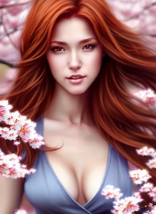 Prompt: photo of a gorgeous female with auburn hair in the style of stefan kostic, realistic, half body shot, sharp focus, 8 k high definition, insanely detailed, intricate, elegant, art by stanley lau and artgerm, cherry blossoms