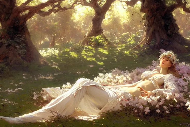 Prompt: a tired warrior relaxing under a huge tree with white flowers, fantasy, painting by gaston bussiere, craig mullins, j. c. leyendecker, trending on artstation