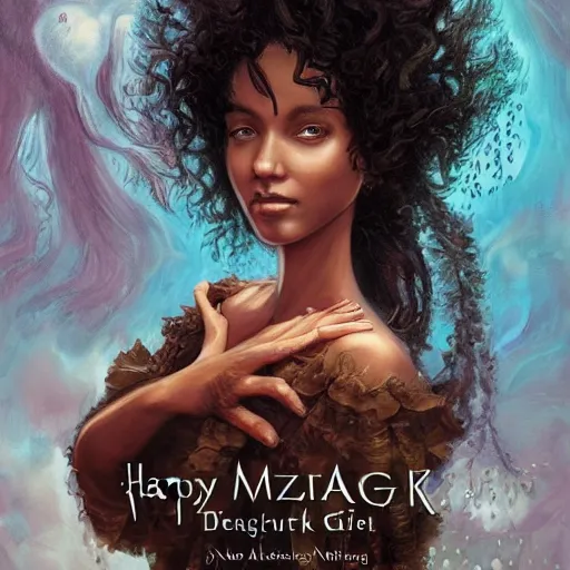 Prompt: happy 19th birthday, cover of a magnificent fantasy book by Neil Gaiman, portrait of a beautiful black hair girl, trending on artstation, highly detailed