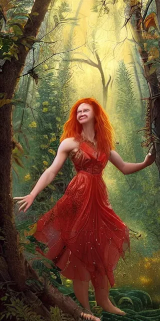Image similar to fit woman, serene smile surrounded by golden firefly lights, amidst nature fully covered by a intricate detailed dress, long red hair, precise linework, accurate green eyes, small nose with freckles, smooth oval shape face, empathic, expressive emotions, spiritual scene, hyper realistic ultrafine art by artemisia gentileschi, jessica rossier, boris vallejo