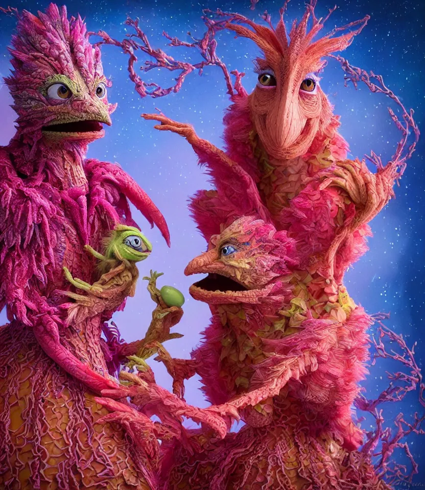 Image similar to hyper detailed 3d render like a Oil painting - kawaii portrait of two Aurora (a beautiful skeksis muppet fae princess protective playful expressive acrobatic from dark crystal that looks like Anya Taylor-Joy) seen red carpet photoshoot in UVIVF posing in scaly dress to Eat of the Strangling network of yellowcake aerochrome and milky Fruit and His delicate Hands hold of gossamer polyp blossoms bring iridescent fungal flowers whose spores black the foolish stars by Jacek Yerka, Ilya Kuvshinov, Mariusz Lewandowski, Houdini algorithmic generative render, golen ratio, Abstract brush strokes, Masterpiece, Edward Hopper and James Gilleard, Zdzislaw Beksinski, Mark Ryden, Wolfgang Lettl, hints of Yayoi Kasuma and Dr. Seuss, octane render, 8k