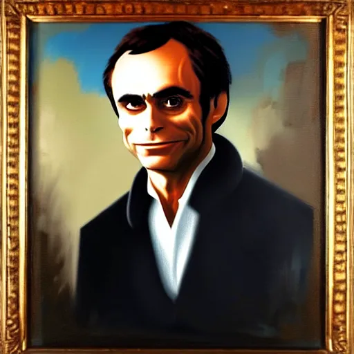 Image similar to a head and shoulders portrait painting of ted bundy wearing a colonial outfit without a hat looking off camera, a character portrait, american romanticism, oil on canvas, soft focus