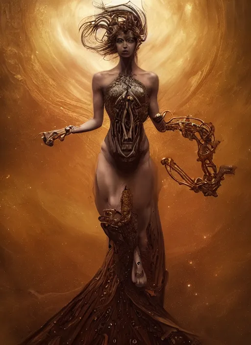 Image similar to epic portrait of menacing and anxious yet stunningly beautiful biomechanical djinn overseeing the iridescent fabric of time and space, by charlie bowater, mandy jurgens, gustav klimt, octane render, dramatic camera angle, 4k, 8k, high detail, HDR, by tom bagshaw, powerful, with inspiration from Beksinski, inspired by greek goddess Athena