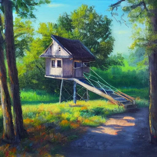 Image similar to treehouse in the countryside on a sunny day, peaceful, dreamy, brush strokes, oil painting