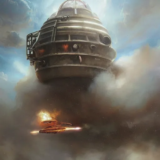 Image similar to a spaceship, stuck in the ground, the spaceship is on fire, smoke, hard rainstorm, angry, kinetic, artgerm and tom bagshaw, highly detailed oil painting,