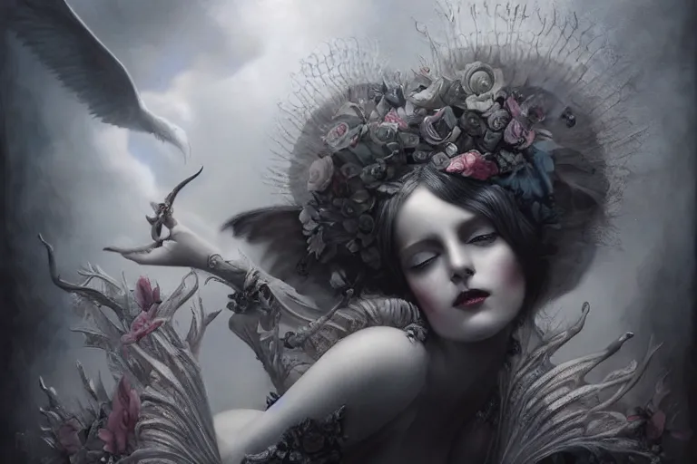 Image similar to By Tom Bagshaw, ultra realist soft painting of curiosities carnival by night, very beautiful horn single female gothic wearing corset sleeping on a overlord of the dead bed, symmetry features, very intricate details, omnious sky, black and white, volumetric light clouds