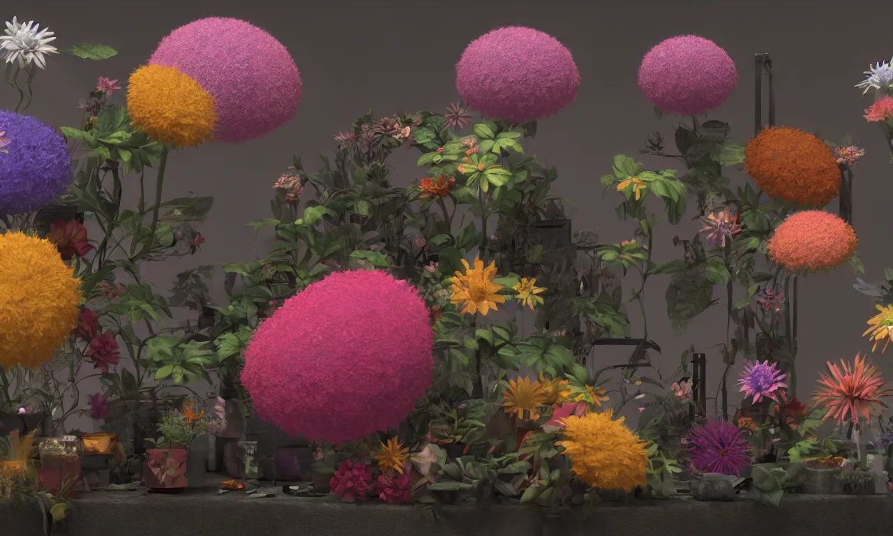 Image similar to hazy punk flowers diorama fused into epoxide, high specular detail, raytracing, translucency, raymarching, image from new movie by digital domain and weta digital, strong ambient occlusion