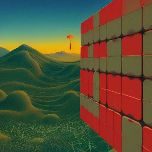 Prompt: an ear floating above a japanese landscape with rubik cubes. Masterpiece, Edward Hopper and James Gilleard, Zdzislaw Beksinski, Mark Ryden, Wolfgang Lettl, hints of Yayoi Kasuma, octane render, 8k.