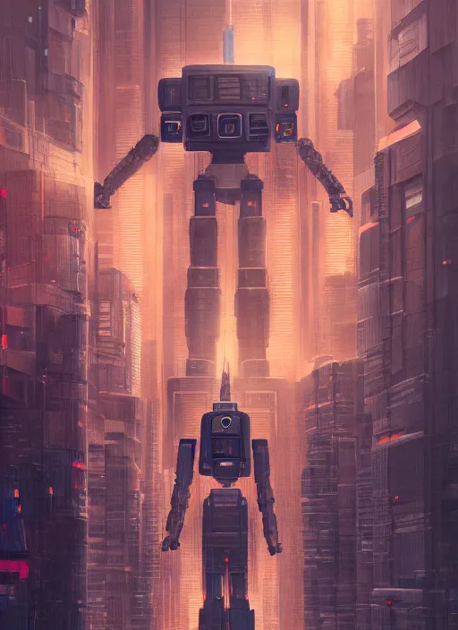 Image similar to a painting of a giant robot standing in front of a city, cyberpunk art by mike winkelmann, behance contest winner, nuclear art, dystopian art, apocalypse art, sci - fi