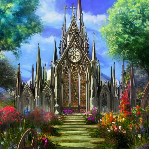 Prompt: a beautiful painting of heaven garden and gothic crystal church by empyrean, alice in wonderland, rendered on artstation,