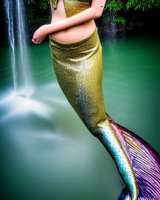 Image similar to medium closeup shot, flash long exposure photography of asian mermaid fashion posing in the lake, sharp focus, waterfall, high details, conecpt art, digital art