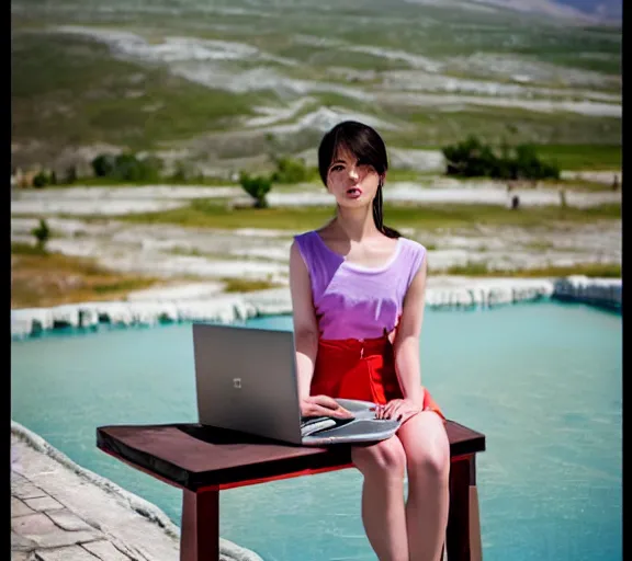 Image similar to Lee Jin-Eun hacking a laptop at Pamukkale by Martine Johanna, rule of thirds, seductive look, beautiful