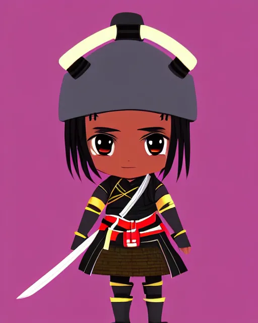 Image similar to cute digital art of a cute african samurai warrior, cute chibi style, chibi, anime, artstation, deviantart, pinterest, yasuke 5 0 0 px models