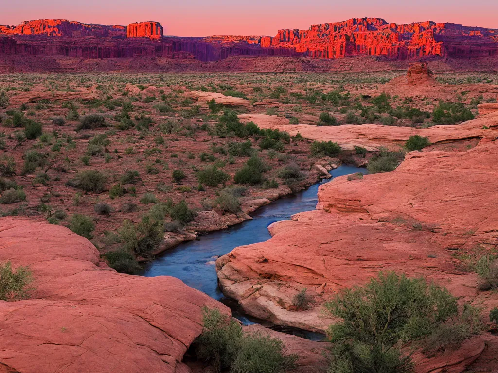 Image similar to “a river bend running through a canyon surrounded by desert mountains at sunset, moab, utah, a tilt shift photo by Frederic Church, trending on unsplash, hudson river school, photo taken with provia, national geographic photo”