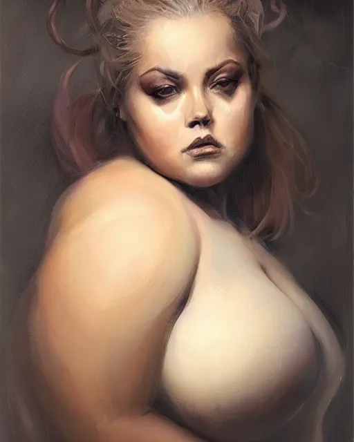 Image similar to waist - up portrait of a gorgeous woman, obese, muscular. oil on canvas, black oil bath, fantasy aesthetic. beautiful face!!! in the style of charlie bowater, yoann lossel., les toil