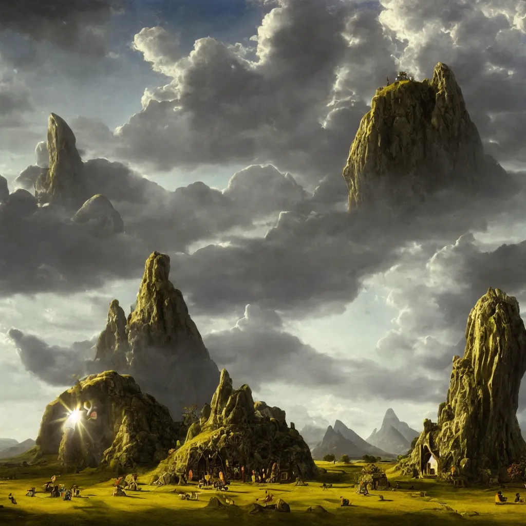 Image similar to a large single monolith with a hobbit house on top in the middle of a wide open field from a distance with mountains in the background and god rays shining through the coulds on the monolith, epic, cinematic, walton ford, jan van eyck, walton ford, fine details, high contrast