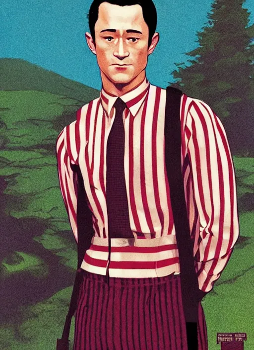 Image similar to joseph gordon - levitt wearing a 1 9 2 0 s red striped outfit, from scene from twin peaks by michael whelan, tomer hanuka, rossetti bouguereau, artgerm, retro, nostalgic, old fashioned