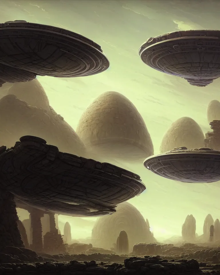 Prompt: large alien spacecraft hovering in the sky an a wasteland alien exoplanet and ancient ruins in background and alien planet with craters and large stone structures by bruce brenneise and peter mohrbacher, hyperrealistic very detailed landscape concept art, 3 d render, neosurrealism. digital concept art, pixel art, rendered in octane, trending on cgsociety, trending on artstation