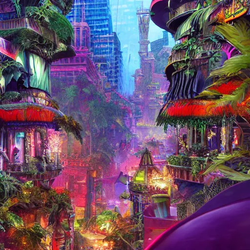 Prompt: colorful jungle city, digital art, cosmic, 3 d high definition, trending on art station, photorealistic, high resolution, v 8 k, octane, hyper detailed, insane details, intricate, elite, ornate, elegant trend, highly detailed and intricate, sharp focus, photography, unreal engine