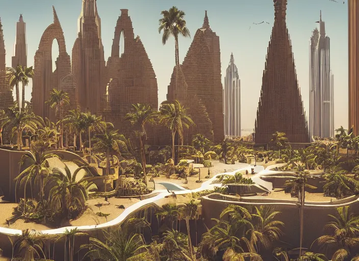 Image similar to cover concept art of the lost sand city, levitating sand, golden towers, golden pillars, palm trees, space and time, floating objects, post-processing, in the style of Hugh Ferriss, Behance, Artgerm. High detail, ultra realistic render, octane, 3D, photorealism, symmetric, cinematic