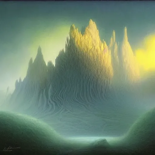 Prompt: artistic digital artwork of an epic natural scene on an alien planet. beautiful landscape by vincent bons, michael whelan and remedios varo. grainy and rough. interesting pastel colour palette. beautiful light. oil and water colour based on high quality render.