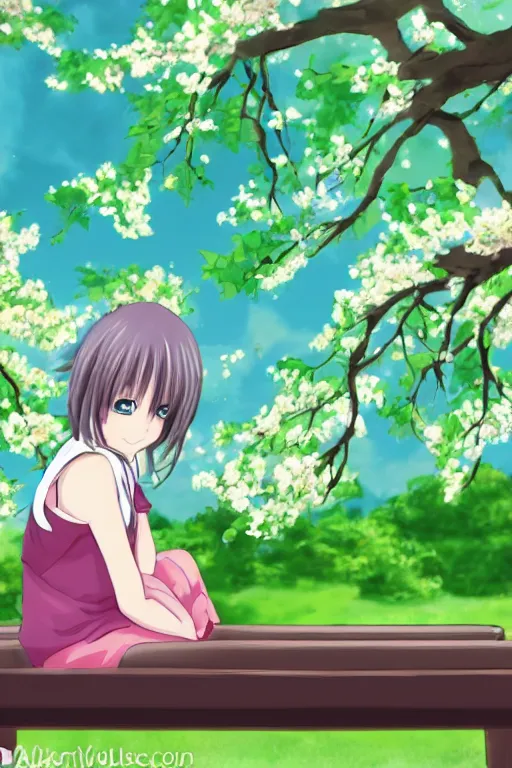 Image similar to anime drawing, anime girl sitting on a bench with blooming cherry trees in the background