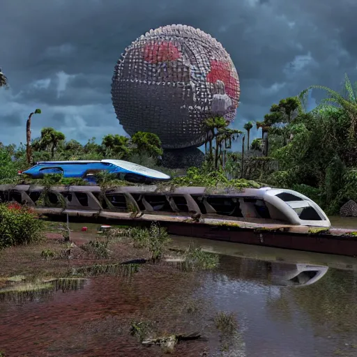 Prompt: post - apocalyptic epcot center, wasteland, submerged, monorail, abandoned, wet, swamp, walt disney world, highly detailed, intricate, 8 k