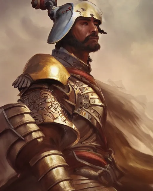 Image similar to portrait of a spanish conquistador in battle, by daniel zrom and mingchen shen, studio ghibli color scheme, detailed, handsome, anatomy, sharp focus, photography, magic : the gathering, octane, cinematic lighting, facial features, clear face, realistic face, golden ratio